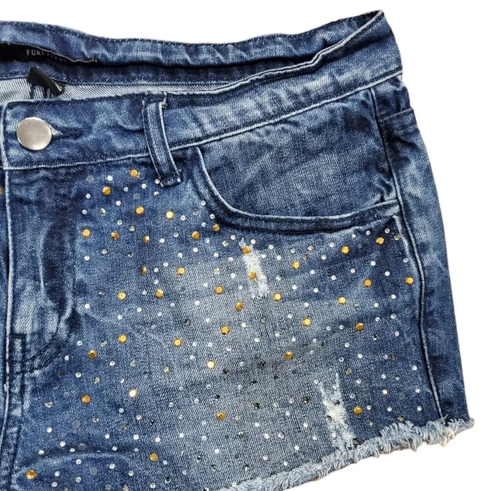FOREVER 21 Shorts Womens 28 Blue Distressed Studded Cut Off Denim Jeans Outdoor